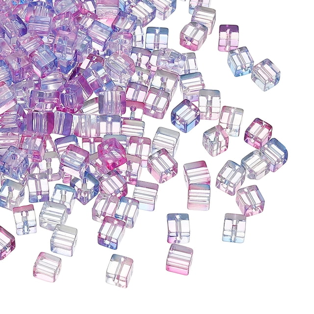Uxcell 200 Pcs Cuentas de Cubo de Cristal, 7mm Transparentes Cuentas Cuadradas Facetadas para Manualidades de Joyería DIY Pulsera Aretes Collar, Azul Púrpura