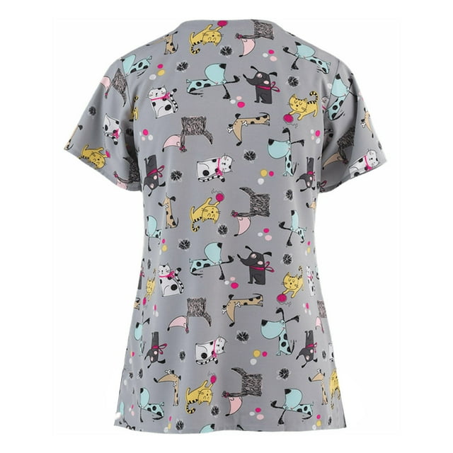 Hauts d'Été pour Femmes 2023 Femmes Manches Courtes Col en V Hauts Uniforme de Travail Blouse à Imprimé Dessin Animé