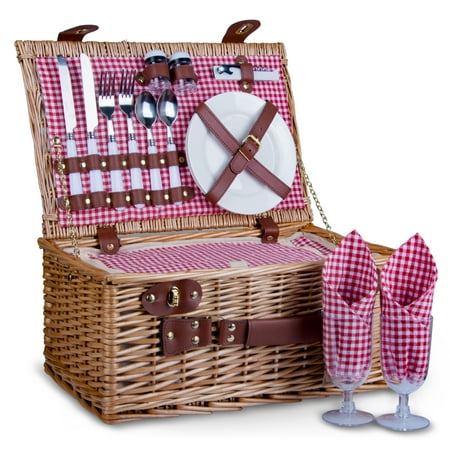 Wicker Picnic Basket Set for 2 Persons Large Willow Hamper with Insulated Cooler Compartment and Cutlery Service Kit, Classic Red Grid