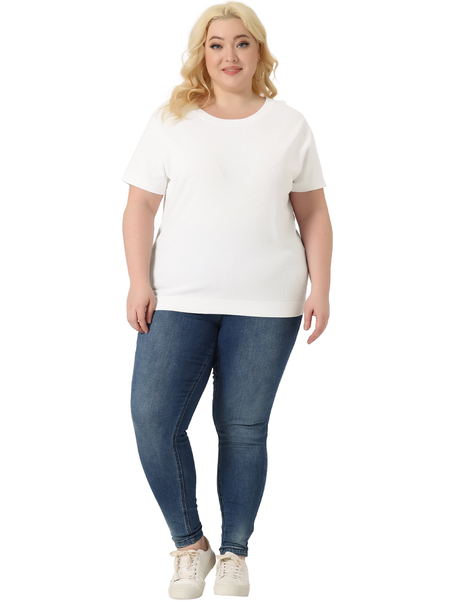 Unique Bargains Women Plus Size Tops Basic Round Neck Short Sleeve Knit Tee Blouses 1X White