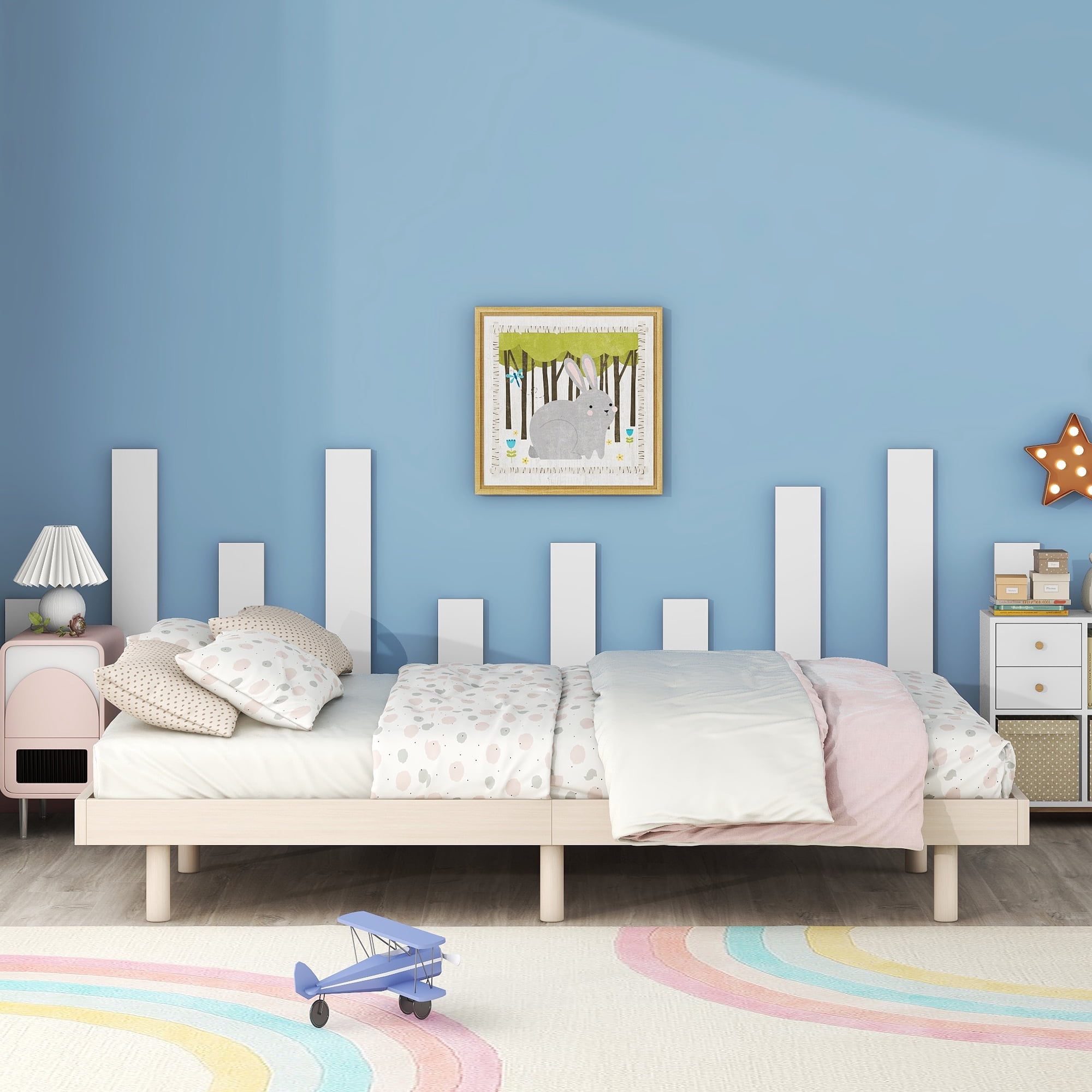 Miniyam Full Platform Bed , Low Profile Wooden Bed with Slats, No Box Spring Needed, Modern Design for Teen, White