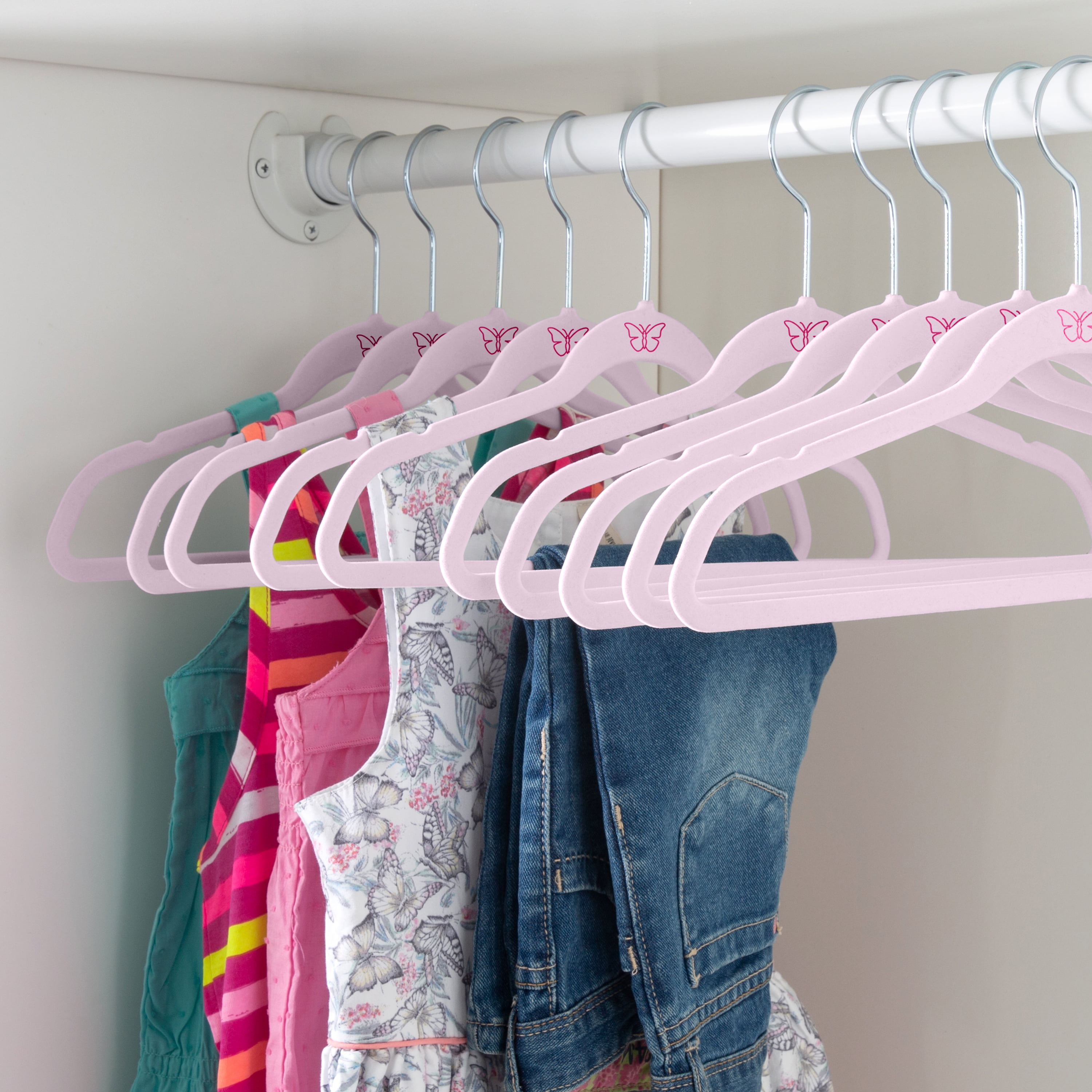 Simplify Kids 100 Pack Velvet Hangers with Butterfly Icon in Blush Pink