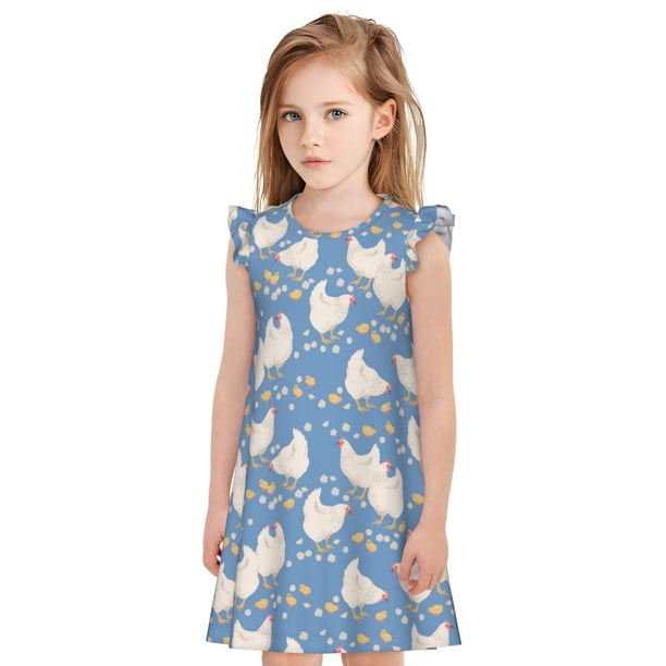 Fotbe Funny Chicken Vestido de Dormir para Niñas de 3 a 10 Años, Mangas Cortas, Estilo Princesa, Pijama Camisón con Mangas Voladas-Large