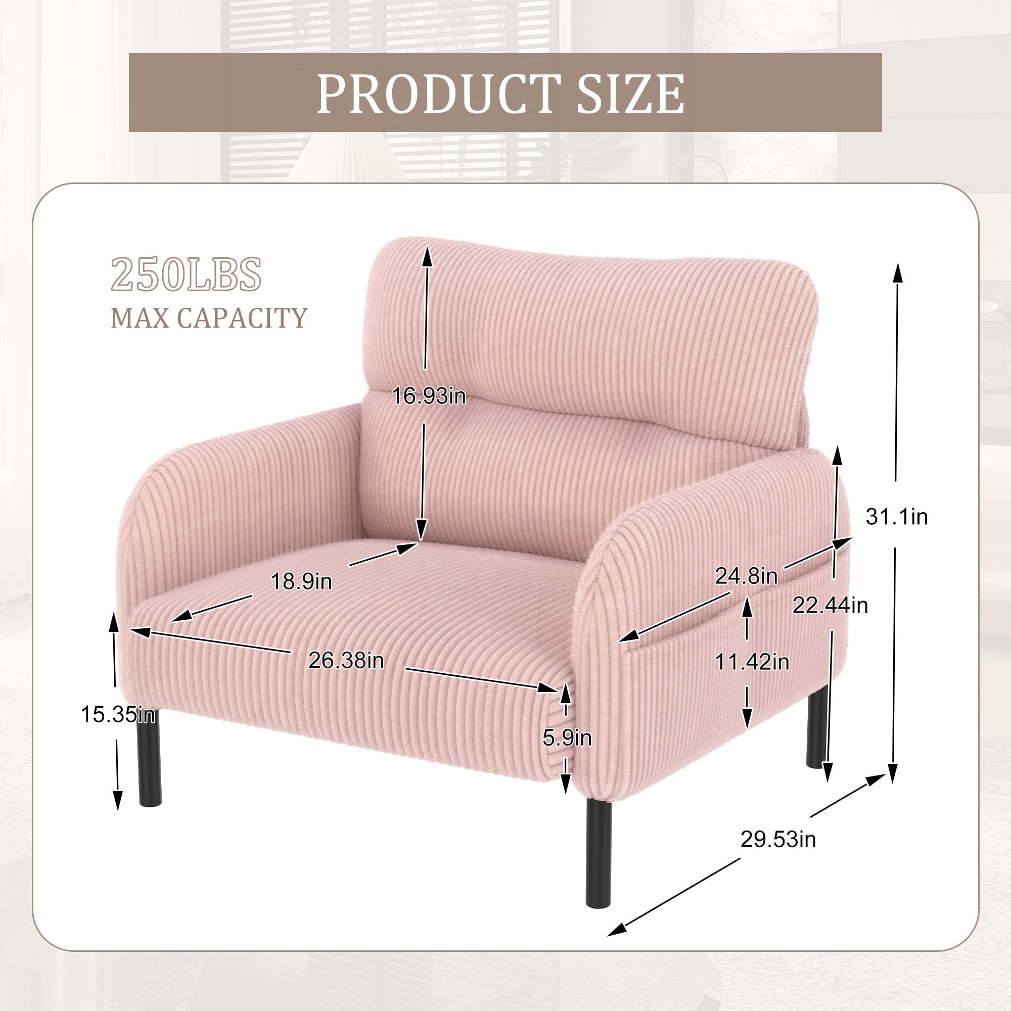 Modern Accent Chair,Armchair,Corduroy Fabric Sofa Chairs,Upholstered Armchair for Living Room,Bedroom,Office,Pink