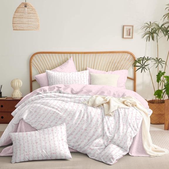 3 Pieces Summer Garden Style Women Girls Pink Bowknot Duvet Cover Striped Comforter Cover Modern Chic Pink Flowers Pattern Printed Queen Bedding Set