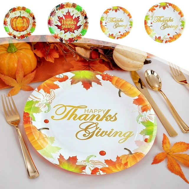 Thanksgiving Paper Plates Disposable - Fall Maple Leaf Pumpkin Print Decor for Holiday Dinner Party Tableware