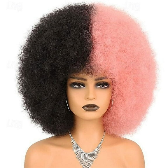 Nvzi -b Soft Wig 70s For Women Kinky Curly Hair Wigs With Bangs Natural Looking Short Curly Wig Puff Wig Synthetic Hair Wig For Daily Party Use，Black and Pink