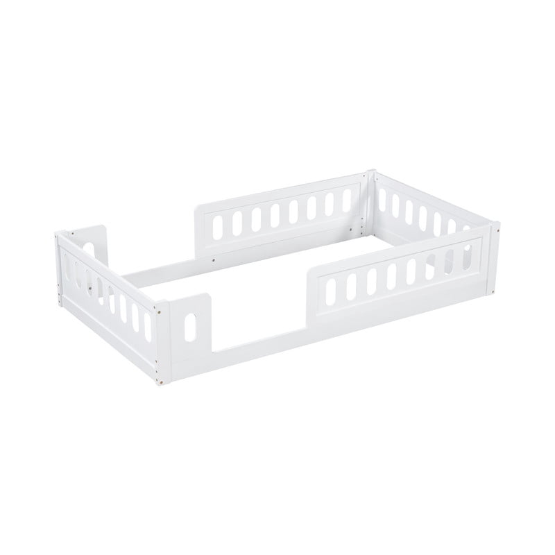 Twin Size Low Profile Platform Bed with Guardrails, Wooden Montessori Kids Floor Bed without Support Slat
