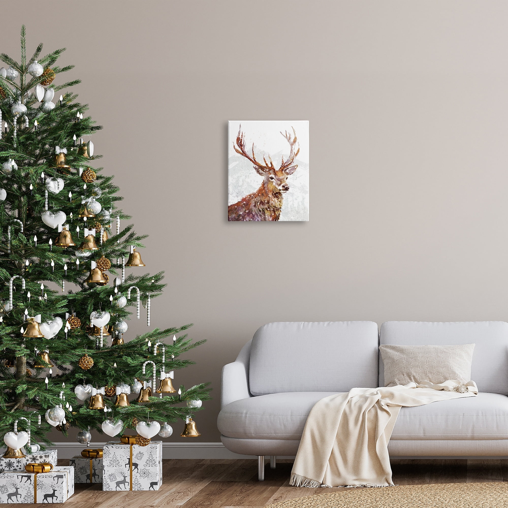 Stupell Industries Winter Deer Mountain Snowfall Holiday Painting Gallery Wrapped Canvas Print Wall Art