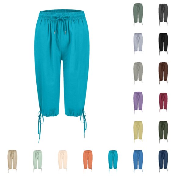 Bmisegm Women Shorts Casual Five Eighths Length Elastic Drawstring Casual Bottoms with Pockets Shorts for Women Sky Blue S