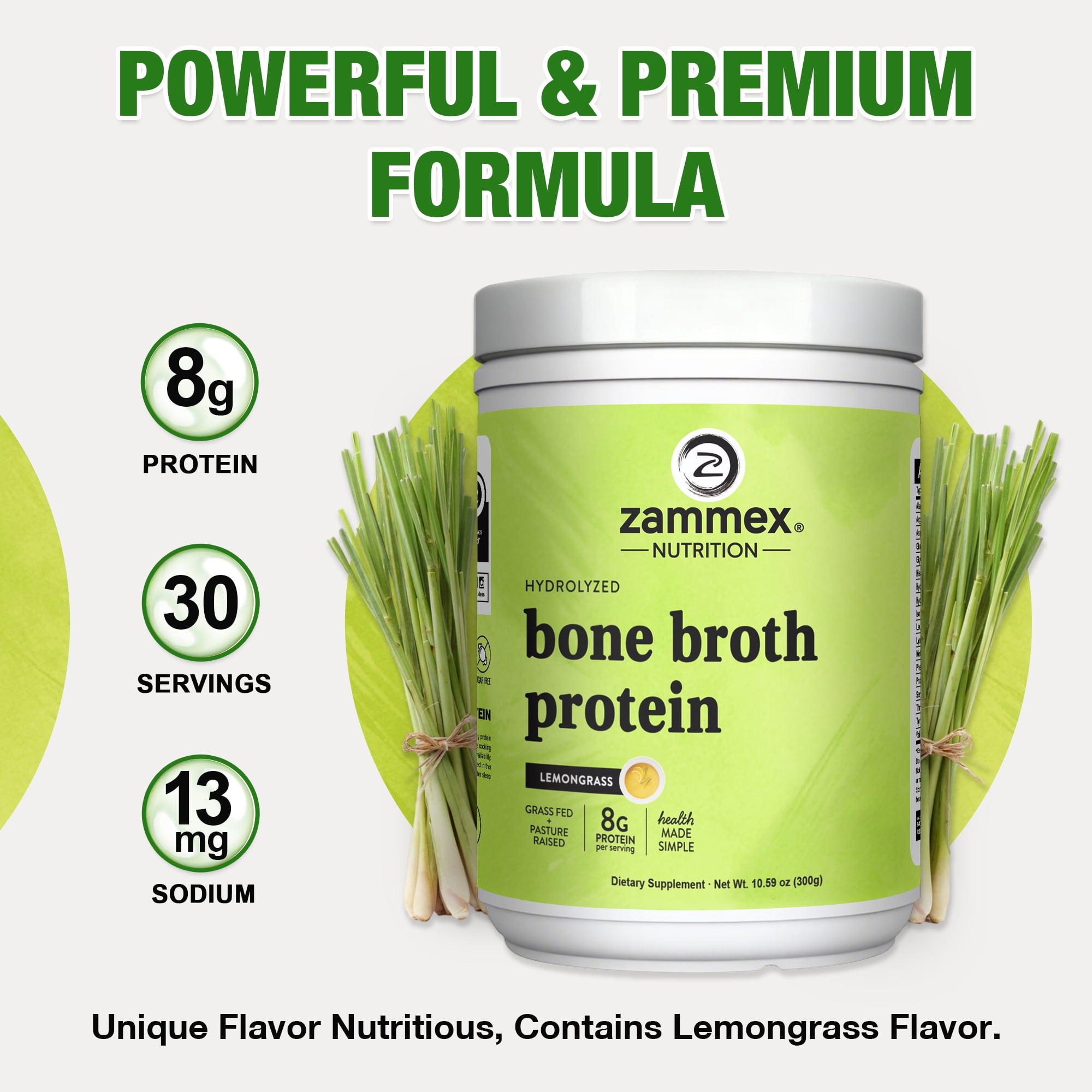 Zammex Bone Broth Protein Powder,Lemon grass Flavor 10.59 oz, Grass Fed Beef Bone Broth Protein Powder with Hydrolyzed Collagen Peptides, 30 Servings