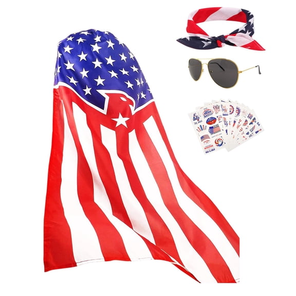 American Flag Costume Set for 4th of July - 1 Patriotic Cape, Sunglasses, Headband, and Temporary Tattoos - for Independence Day Celebrations, Parades, Party Events