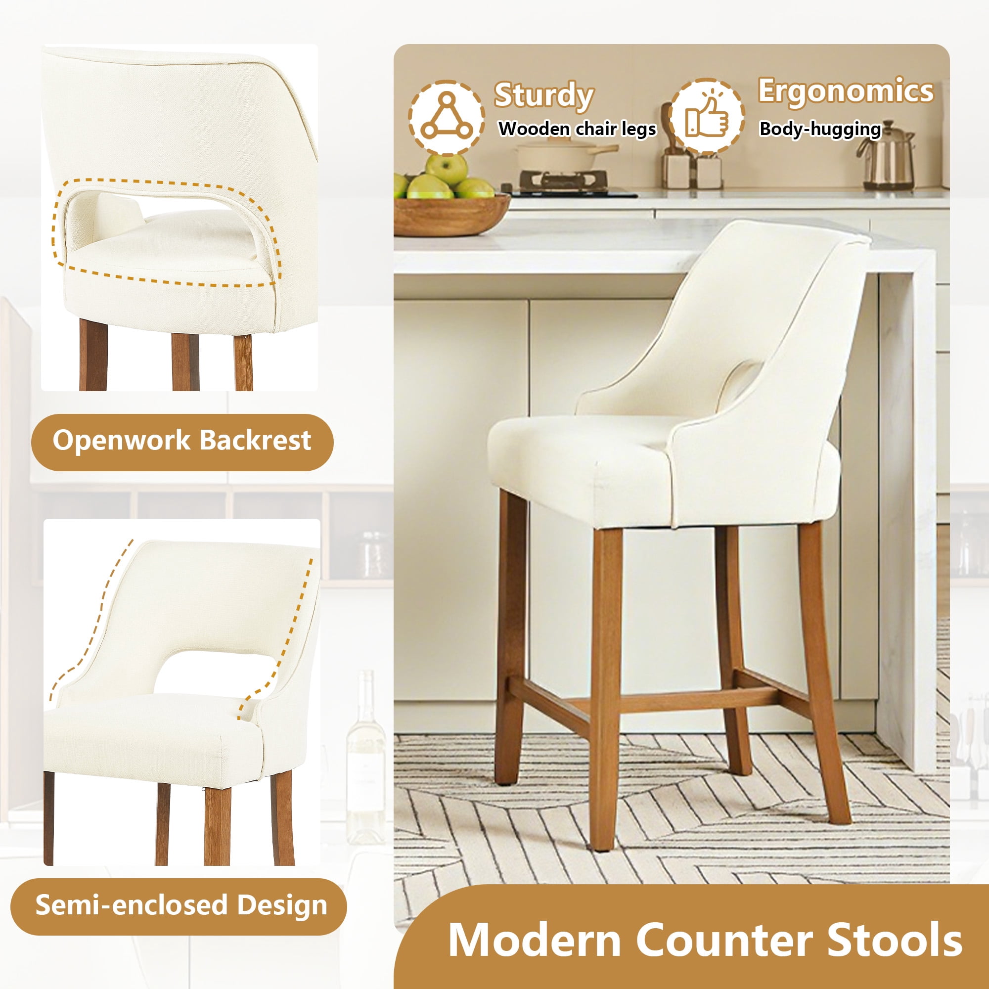 ClinQ Modern Counter Height Bar Stool Set of 1, Upholstered Seat with Back and Walnut H-Frame Footrest for Kitchen Island, Beige