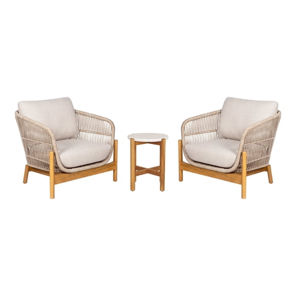 Gouchee Home Portofino 3-Piece Outdoor Conversation Set with Acacia Wood Chairs, Hand-Woven Rope & Terrazzo Side Table – Natural