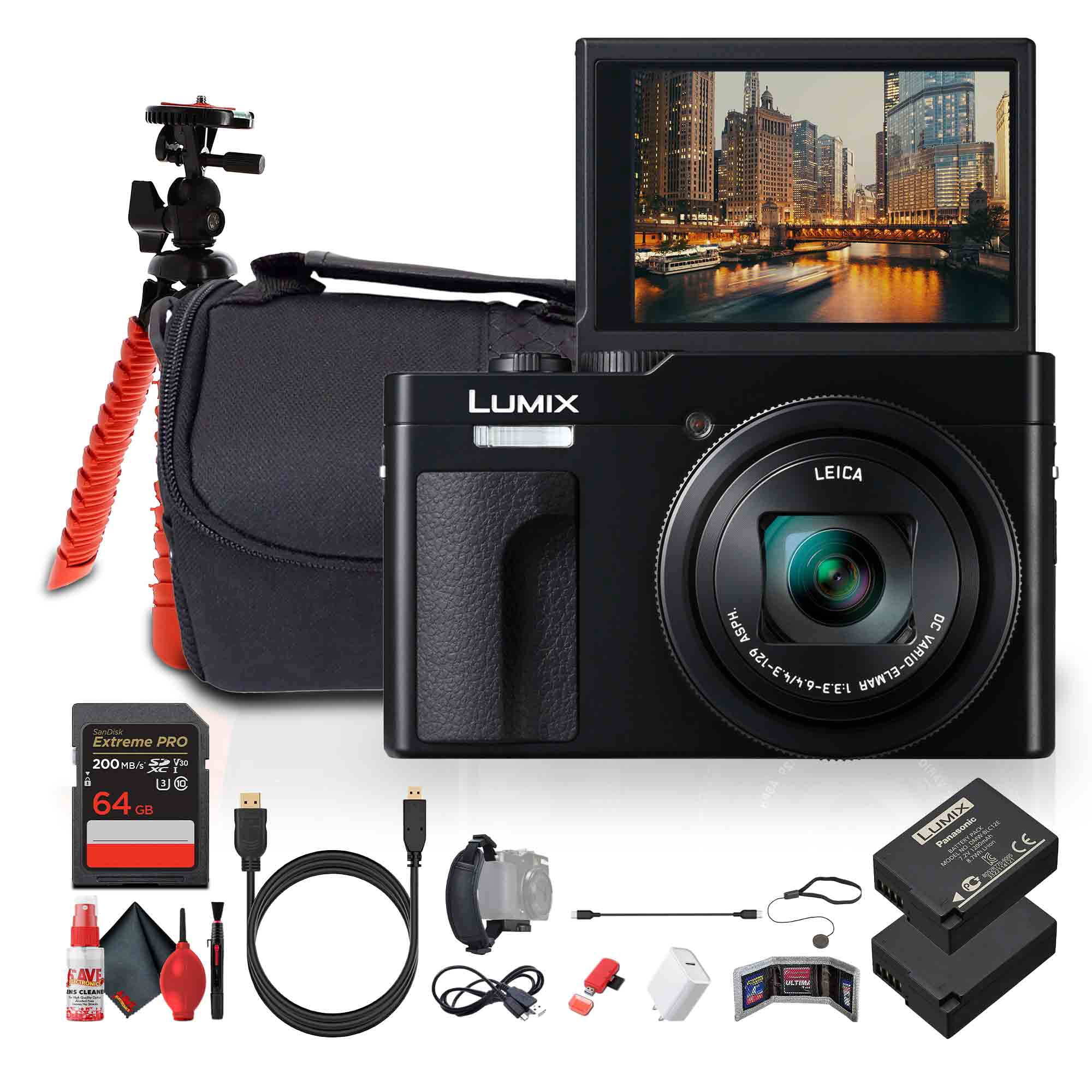 Panasonic ZS99 Point and Shoot Compact Travel Digital Camera (Black) (DC-ZS99K) + 64GB Memory Card + DMW-BLG10 Battery + Camera Bag + Flexible Tripod + USB-C Cable + Cleaning Kit + More