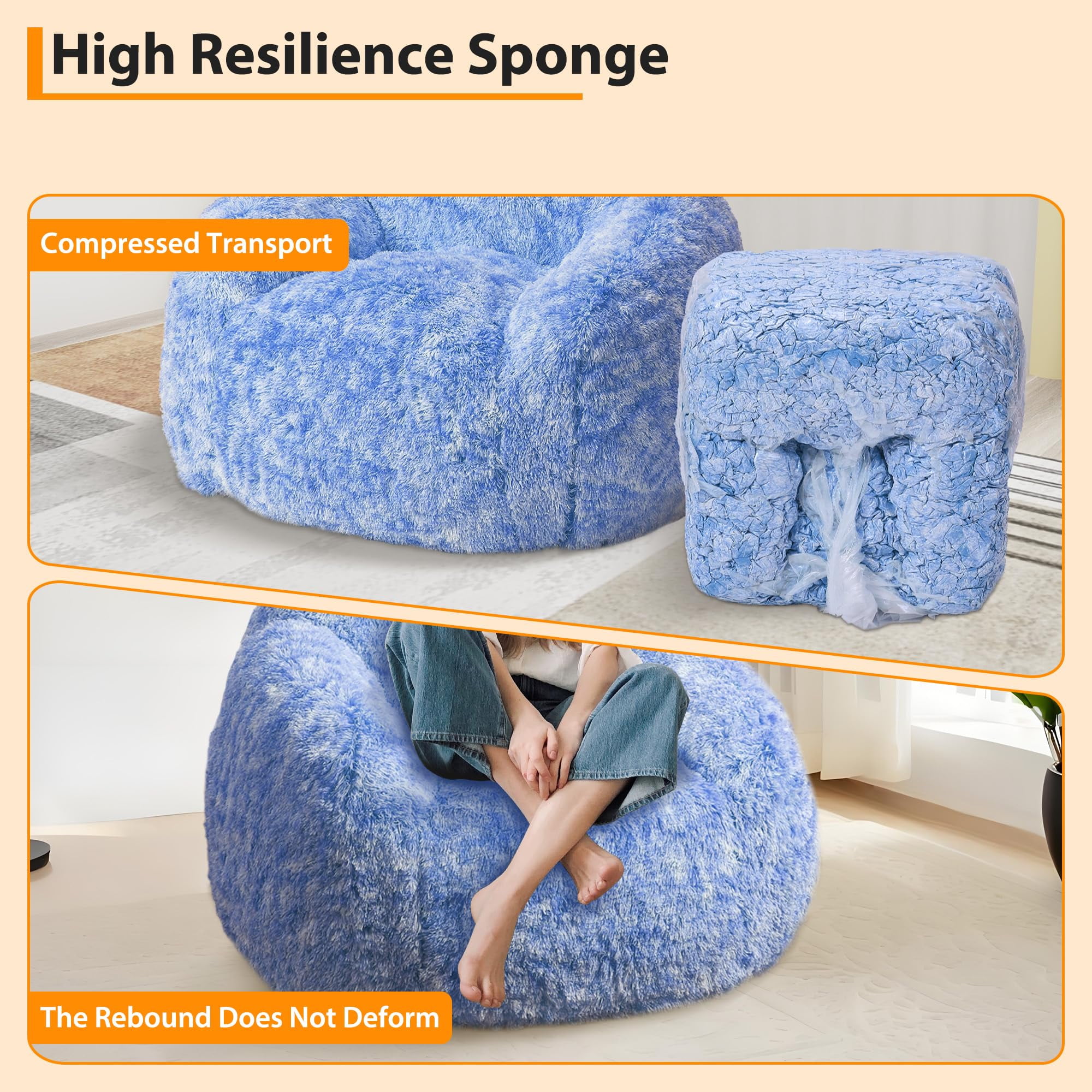 BouPower Bean Bag Chair for Adults, Plush Fluffy Faux Fur Sofa, Premium High-Density Sponge Filler Ergonomic Backrest & Armrests, Removable Washable Cover Comfy Lazy Chair for Bedroom Living Room
