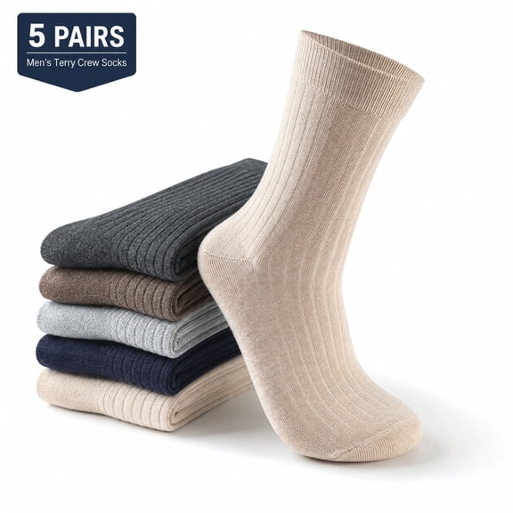 Men’s Cotton Terry Crew Socks, 5 Pairs Ribbed Mid-Calf Dress Casual Socks, Soft Cushioned Everyday Work Socks, Solid Color Assorted Pack