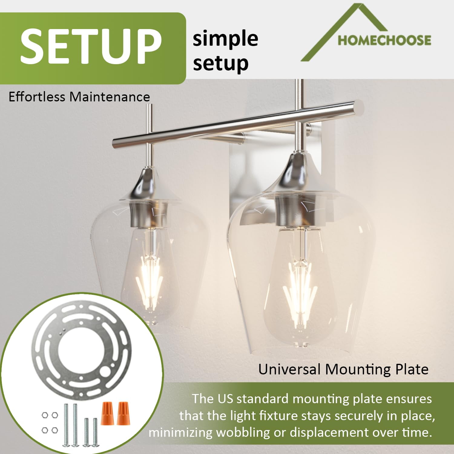 Homechoose Bathroom Light Fixtures,2-Light Bathroom Vanity Light Fixtures,Clear Glass Shade,Bathroom Lights Over Mirror,Brushed Nickel Vanity Lights for Bathroom,Wall Light Fixtures for Bathroom