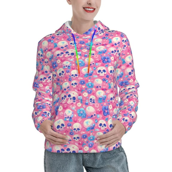Hoodies for Women - pink Skull blue flower Comfrt Colour Drawstring Women'S Fashion Hoodies & Sweatshirts, Fall Outfits Clothes for Women 2024 Pullover with Kangaroo Pocket