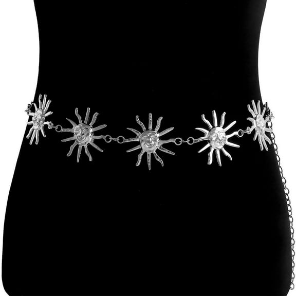 Fashionable Women Metal Waist Chain Sun/Moon Detail Belly Chain Adjustable Belt Wearable Jewelry for Dress Outfits