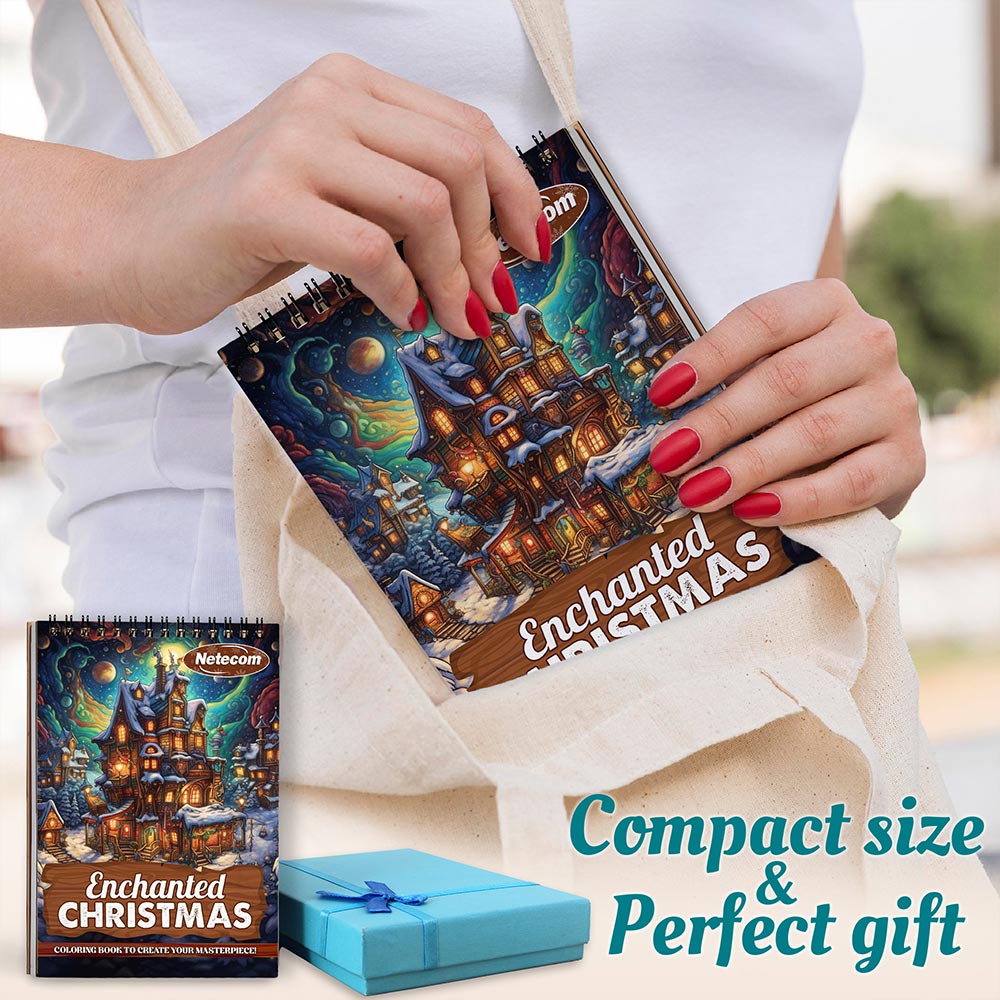 Netecom Enchanted Christmas Coloring Book Spiral Bound for Adults, A5 Wooden Cover, 30 Magical Coloring Pages of Winter Land Scenes for Stress Relief and Relaxation