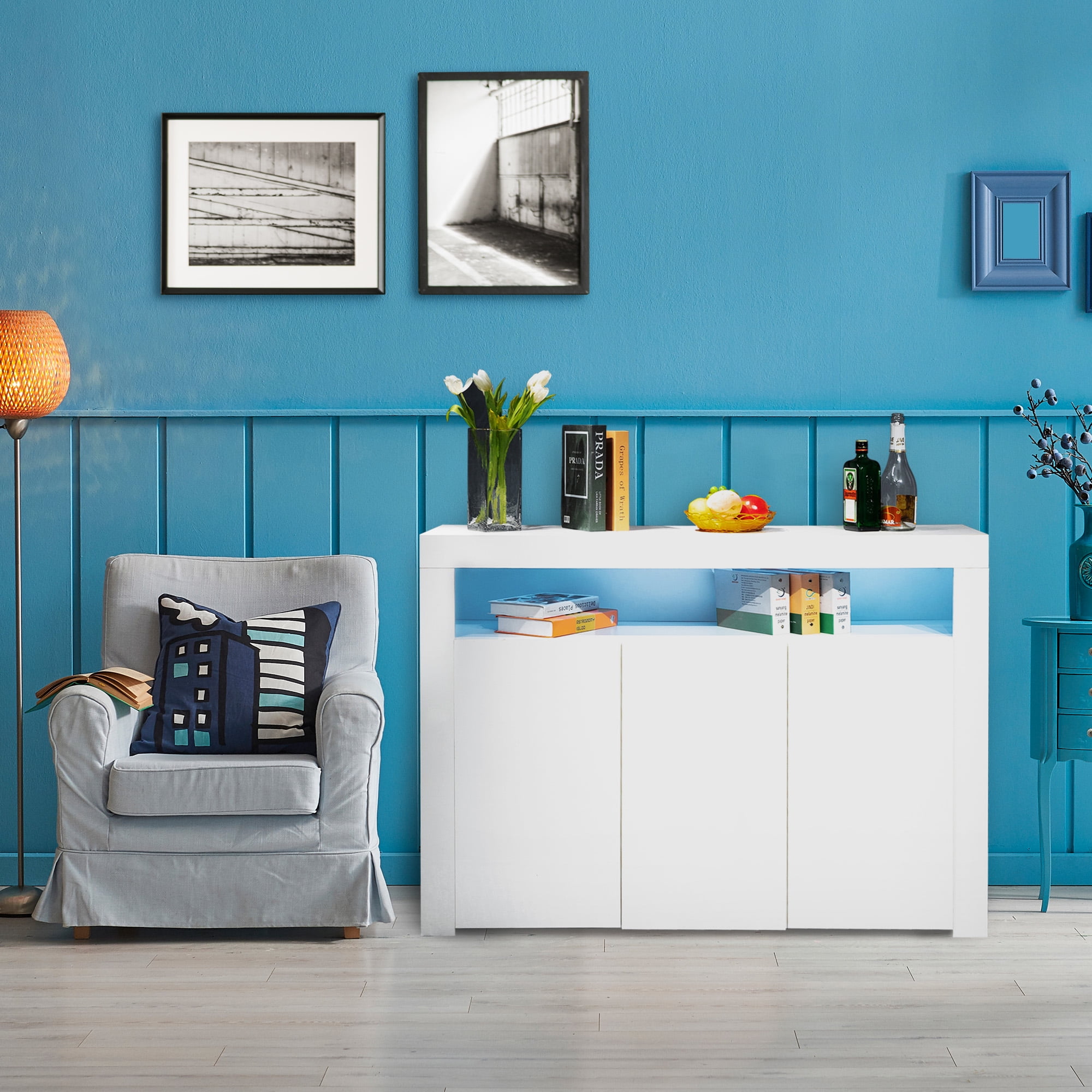 Private Jungle Sideboard UV Coated, High Glossy Panel, With Led Lights, Kitchen Cabinet,Bar Cabinet, Modern And Fashion Furniture, White Private Jungle Sideboard UV Coated, High Glossy Panel, With Led Lights, Kitchen Cabinet,Bar Cabinet, Modern And Fashion Furniture, White