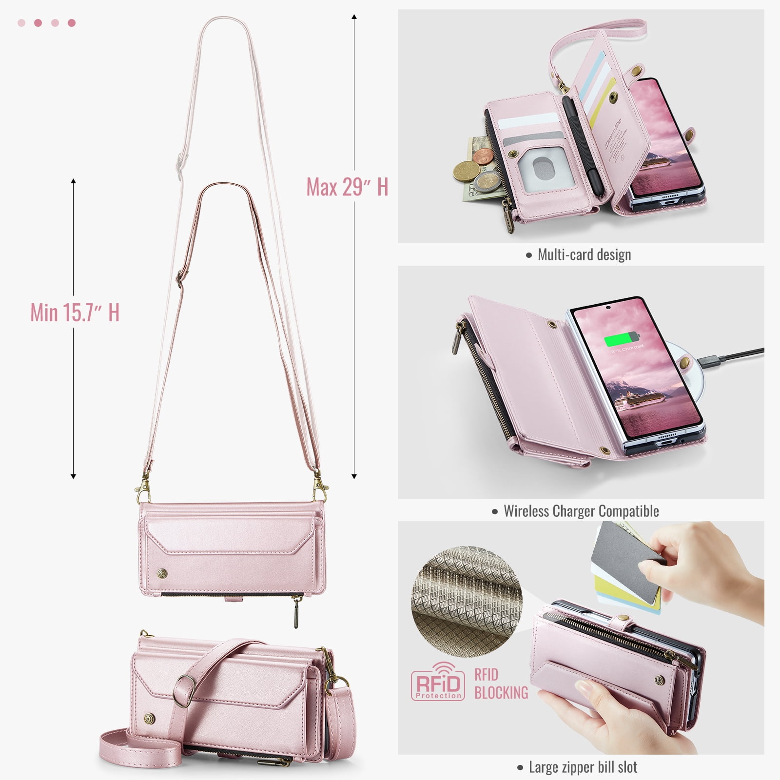 Asuwish Compatible with Samsung Galaxy Z Fold 7 5G 2025 Zipper Wallet Phone Case With pen slot Crossbody Lanyard Strap Flip Card Holder Slot Cell Cover for ZFold7 Z7 G Fold7 7Z Women Girls Rose Gold