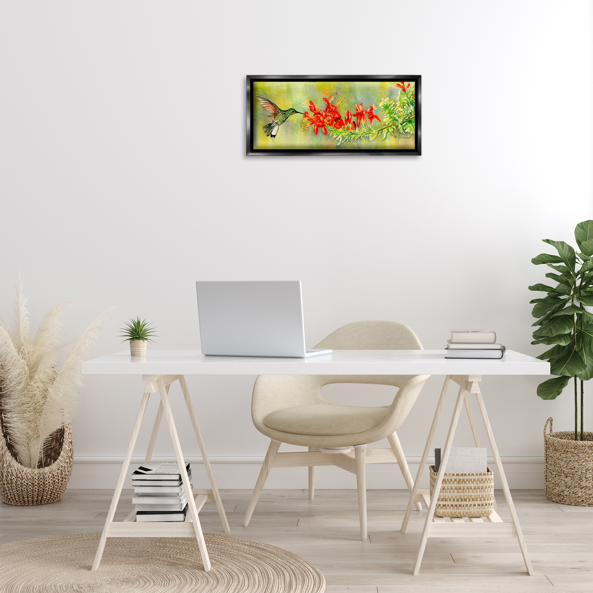 Stupell Industries Quick Sip Hummingbird Animals & Insects Painting Black Floater Framed Canvas Art Print Wall Art, 25 x 11