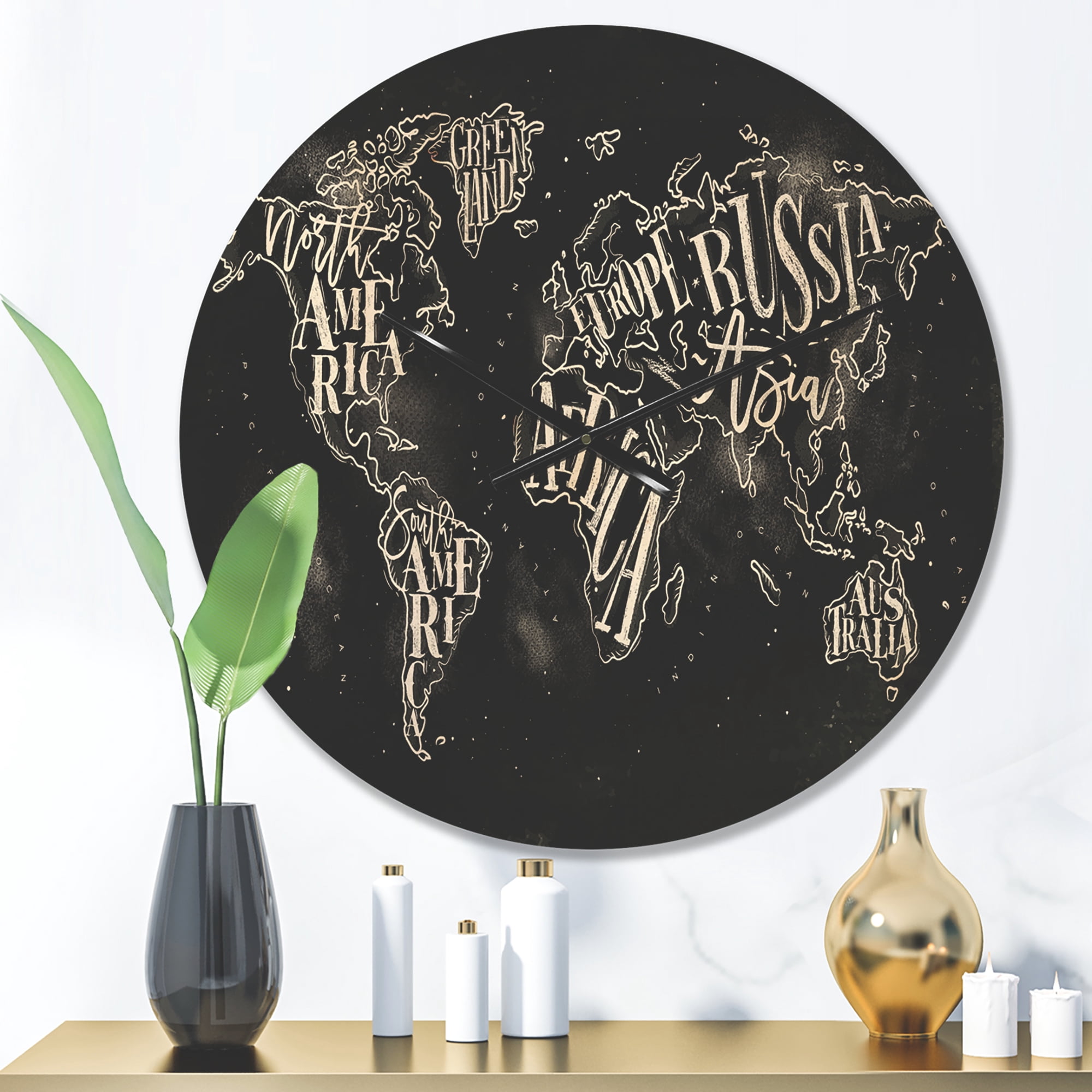 Designart 'Traditional Chalk Worldmap ' Modern Wood Wall Clock