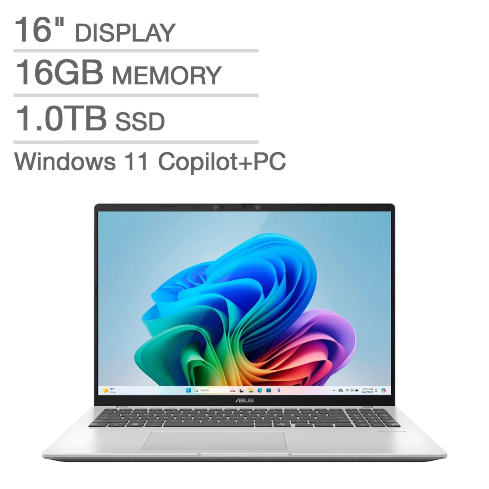 ASUS Vivobook 16 Copilot+ 16" WUXGA Snapdragon X - X126100 3.0 GHz 16GB 1TB SSD Qualcomm Adreno Windows 11 Home Laptop, Silver - X1607QA-IS56