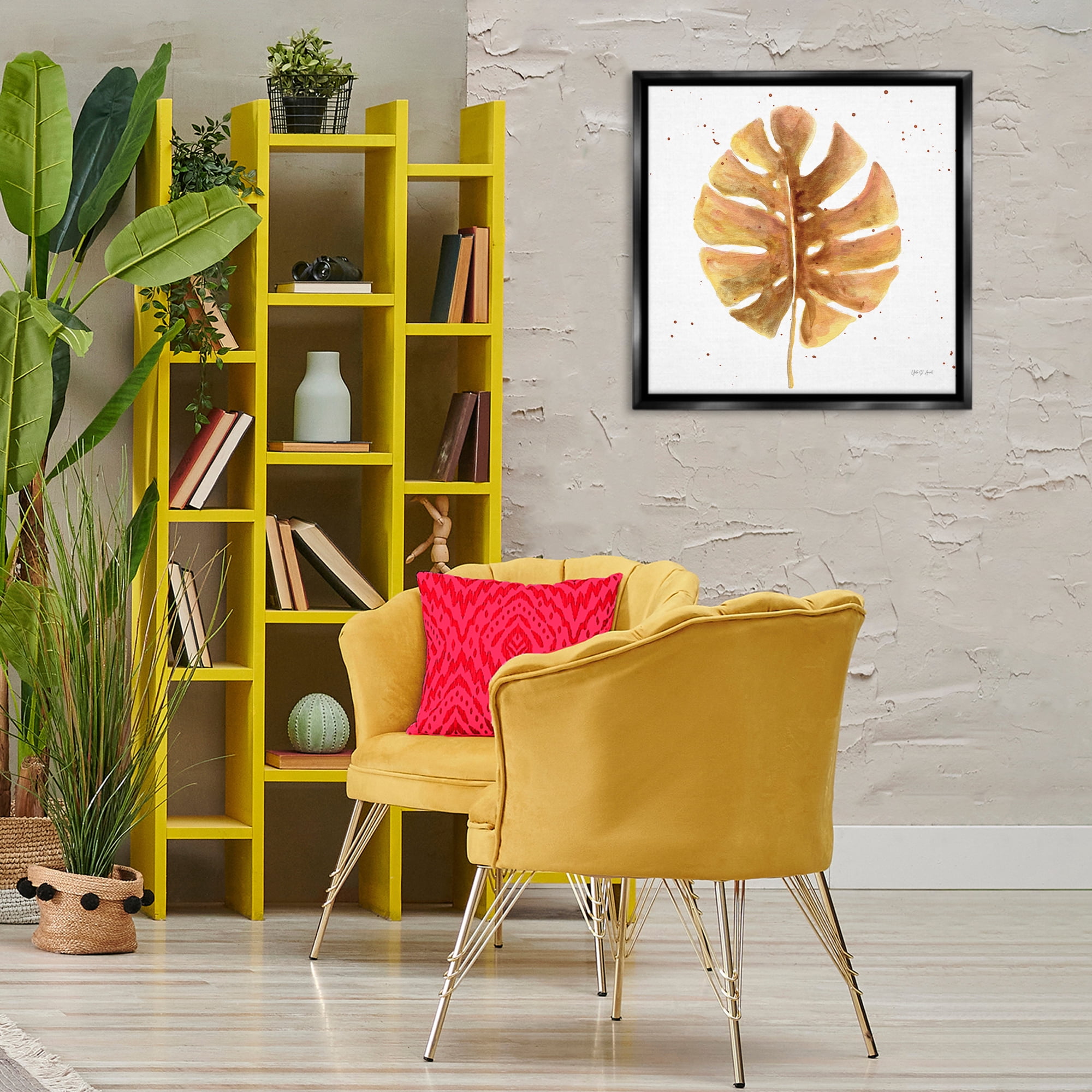 Stupell Industries Golden Palm Leaf Botanical & Floral Painting Black Floater Framed Art Print Wall Art, 25 x 25