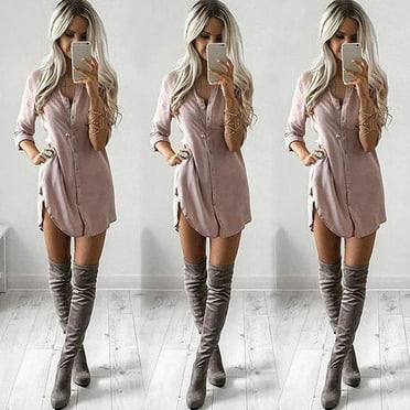Women's Ladies Long Sleeve Loose Blouse Casual Shirt Dress Tunic Tops V Neck Button Down Top Sundress