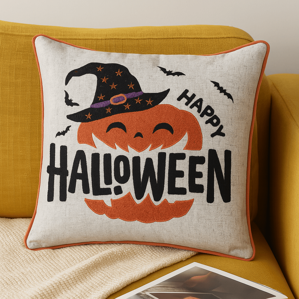 Happy Halloween Embroidered Throw Pillow 20x20 Inch with Pumpkin Witch Hat Bats for Sofa Bed Seasonal Decor