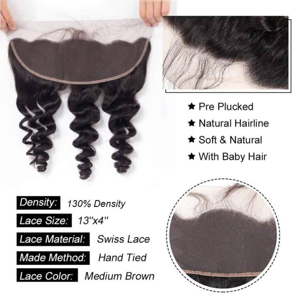 Brazilian Loose Body Wave Bundles with Frontal Virgin Human Hair Loose Curly Bundles with 13x4 Free Part Frontal Natural Color