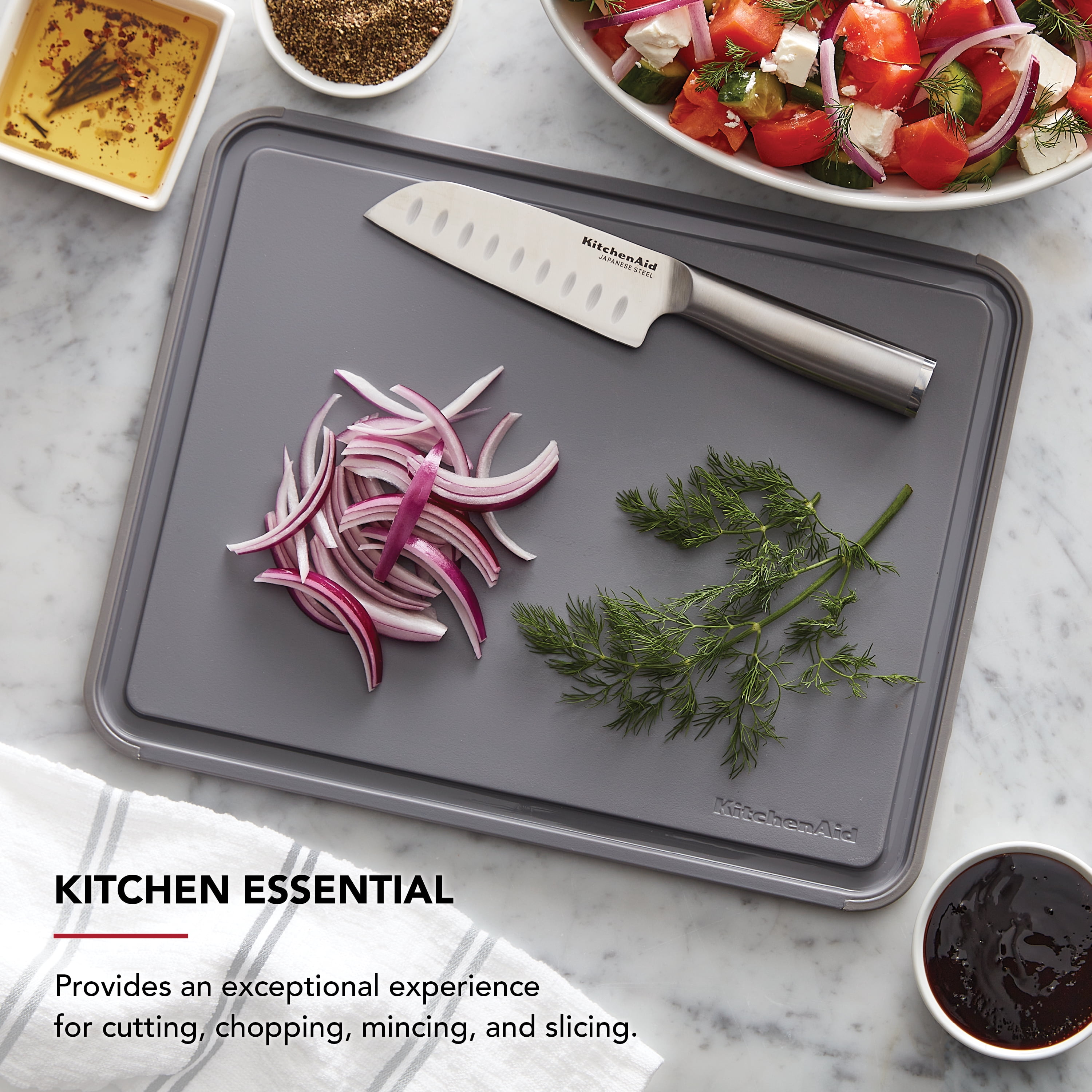 KitchenAid Classic Plastic Cutting Board with Trench, Non-Slip Edges, Dishwasher Safe, 11x14, Charcoal Gray