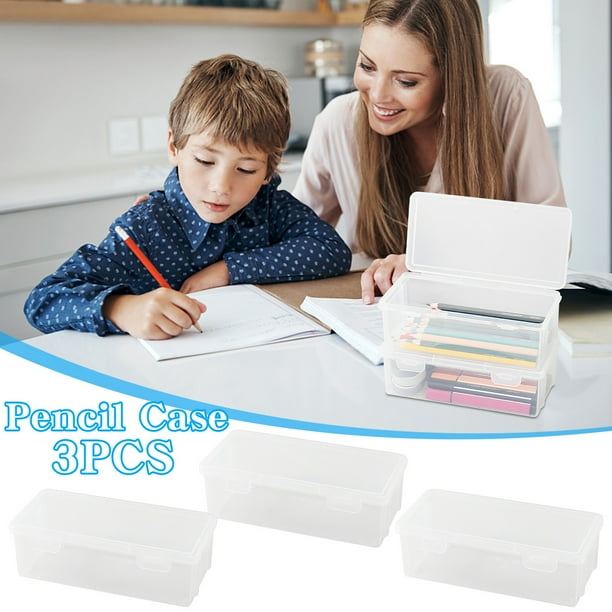 Caja de almacenamiento transparente de lápices de gran capacidad Pack de 3 | Organizador de plástico apilable para lápices de colores, ceras y bolígrafos de dibujo | Tapa de cierre transparente