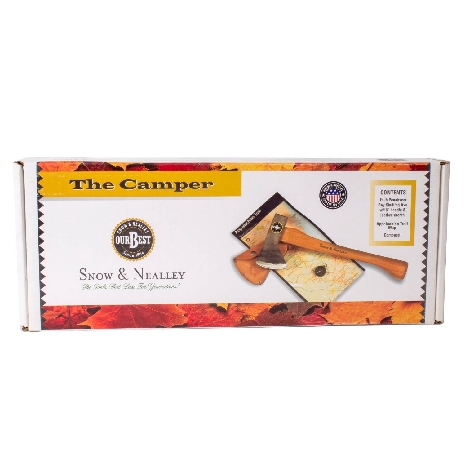 Snow & Nealley Boxed Set, Camper Axe Gift Set, Portable Penobscot Bay Kindling Axe, Belt Sheath, Compass, and Trail Map