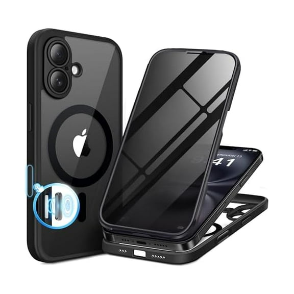for iPhone 16 Plus Case, Compatible with MagSafe, Built-in Privacy Screen Protector and Camera Protection, Anti-Spy Full Body Shockproof Clear Phone Case for 16 Plus 6.7", Black