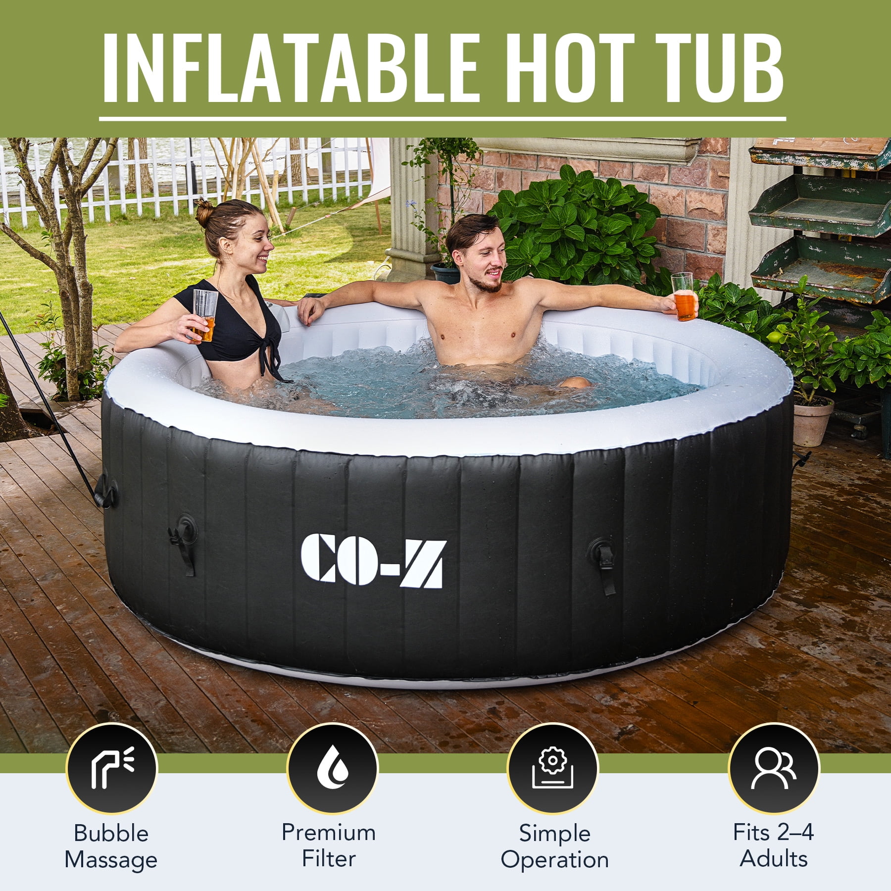 4 Person Blow Up Portable Hot Tub with 120 Bubble Jets Cover 5' Outdoor Above Ground Pool and Bathtub with Electric Air Pump for Patio Backyard CO-Z Inflatable Hot Tub Green 