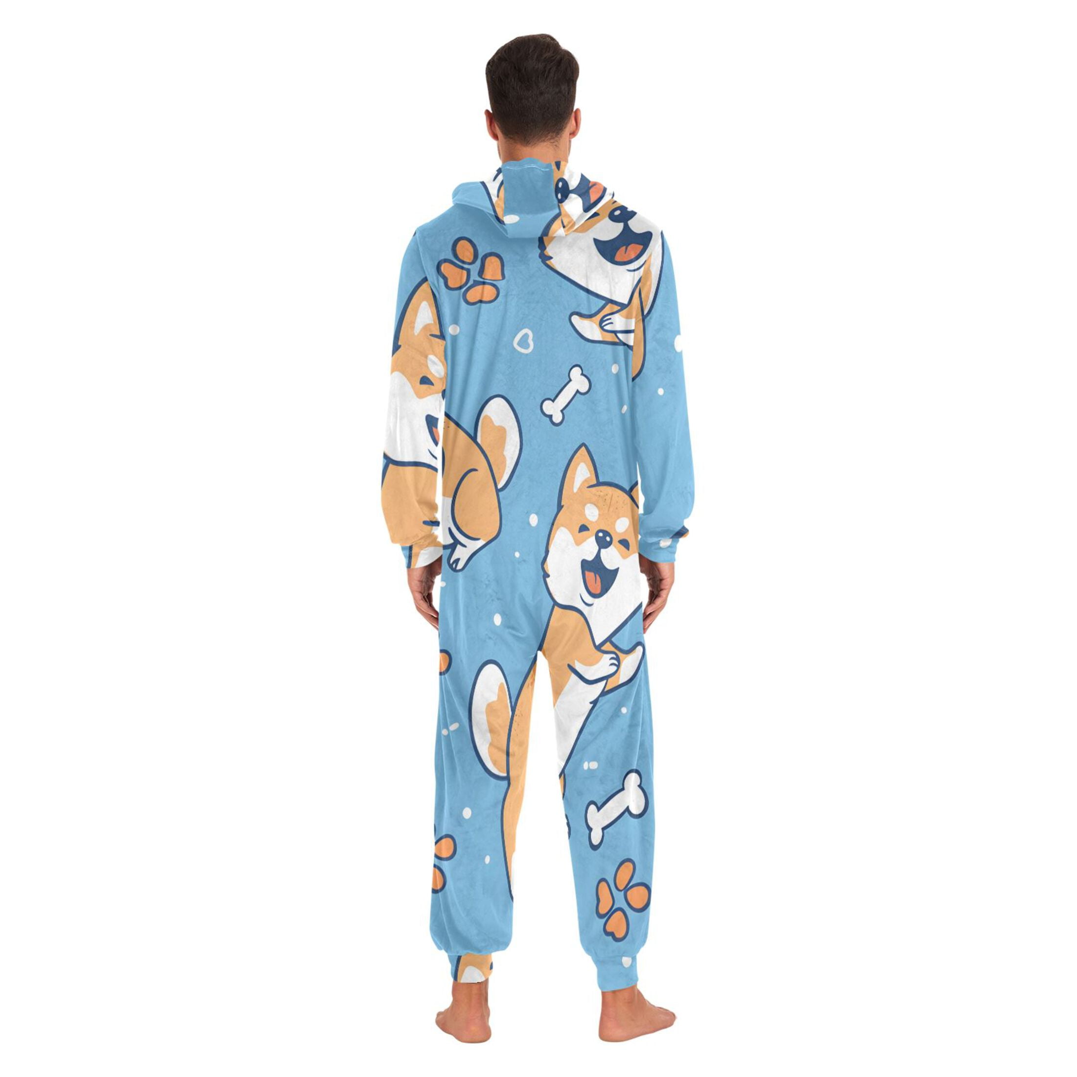 Cartoon Dogs Paws Bones Hearts Adult's Hoodie Onesie Jumpsuit One-Piece Pajamas with Zipper Unisex for Holiday M