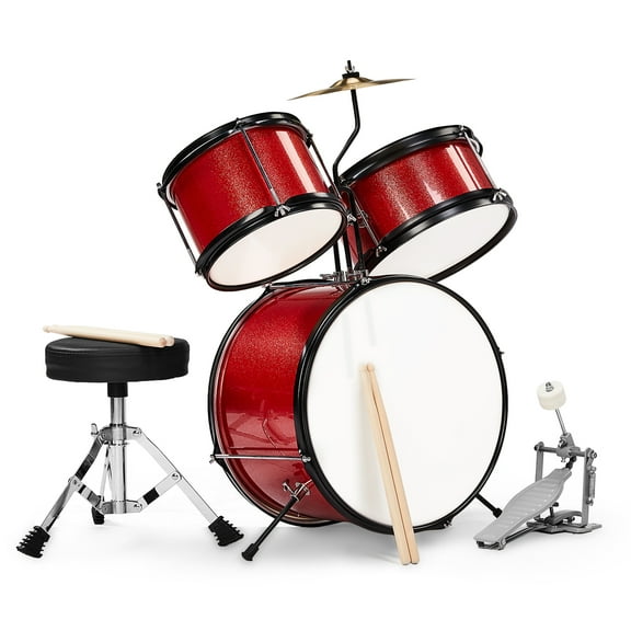 HUJHKIO 3-Piece Kids Drum Set, Junior Drum Kit with Stool, Cymbal, Pedal & Sticks, Portable Childrens Drum Set, Musical Toys Gift for Boys & Girls, Red