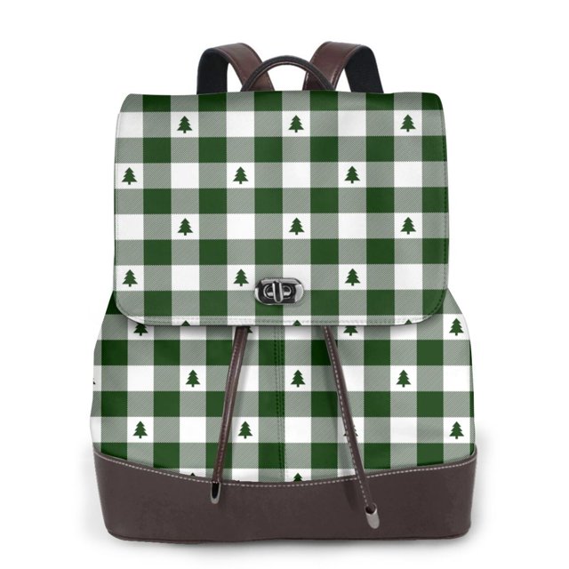 Disketp Green White Christmas Tree Lumberjack Plaid Mochila de Cuero para Mujer, Bolso de Espalda Antirrobo con Estilo para Viaje, Trabajo y Uso Diario