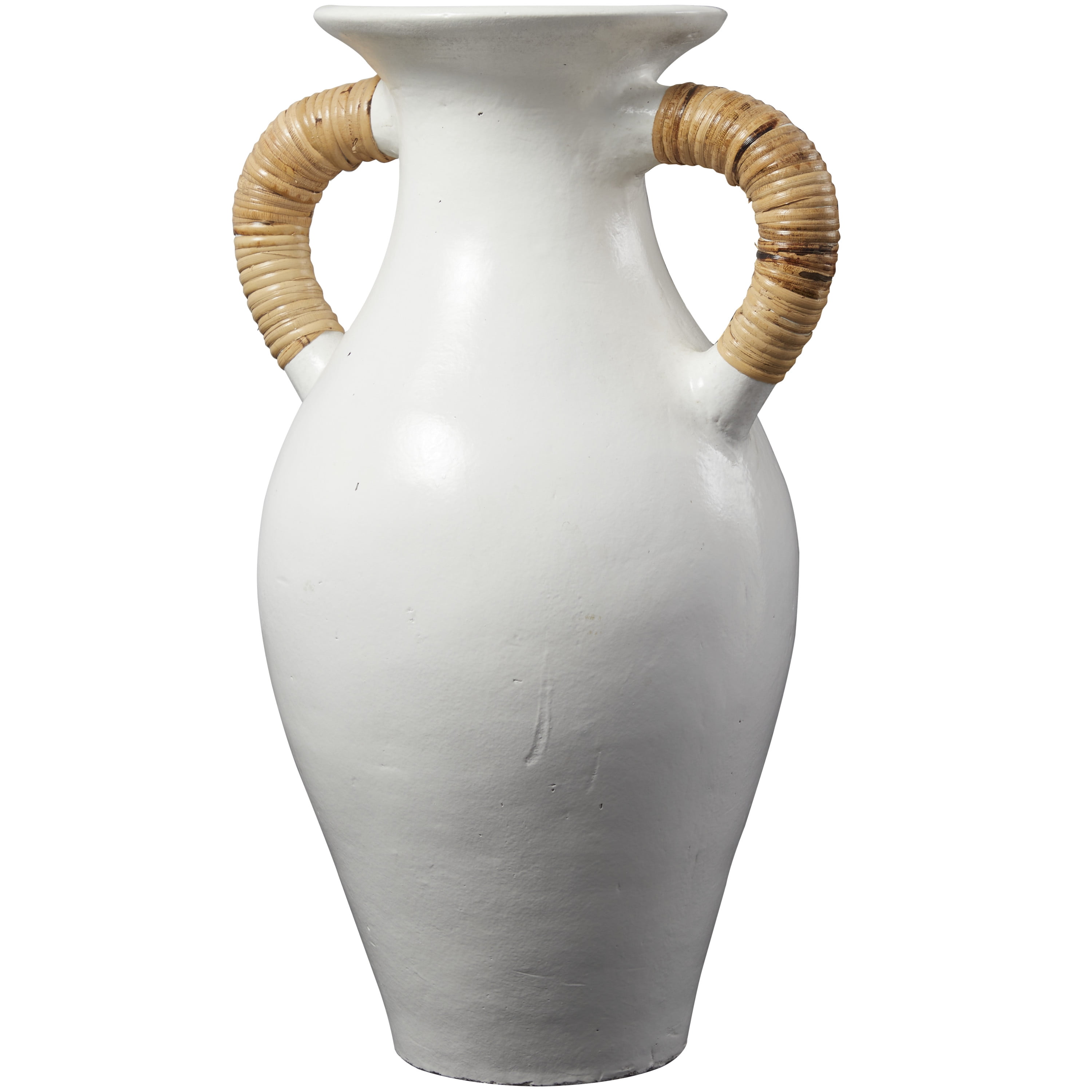 DecMode 21" Jug Inspired White Ceramic Vase with Rattan Wrapped Handles