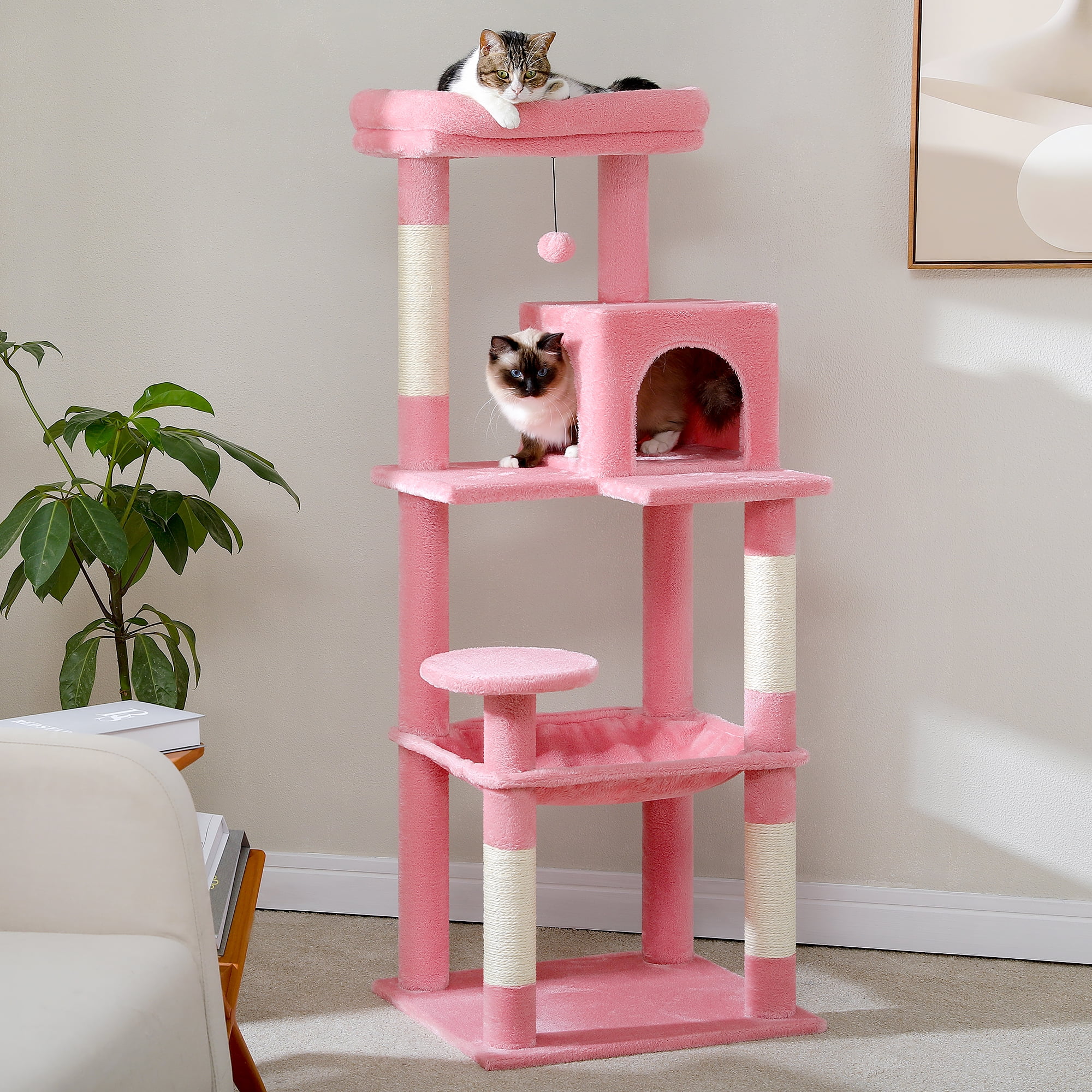 Pefilos 56" Wooden Cat Tower House for Large Cats Cat Tree for Indoor Cats with Cozy Cat Condo, Super Large Hammock and Plush Perches, Pink