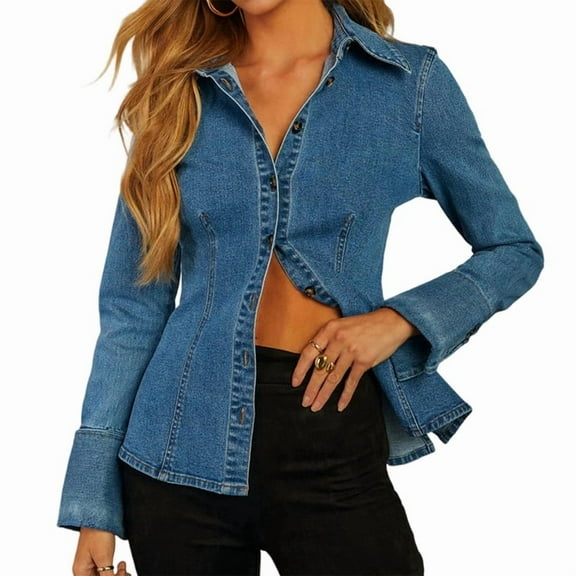 Denim Shirt Tops for Female Button Down Slim Fitted Long Sleeve V Neck Light-Weight Jean Jackets Denim Blue M