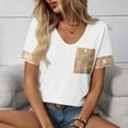 thumbnail image 2 of Laqbezok Women V-Neck Sequin Pocket Short Sleeve T-Shirt, Patchwork Casual Loose Top, Sparkly Fashion Outfit, 2 of 5