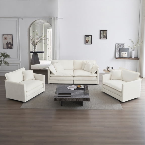 Modern Simple Chenille 3-Piece Sofa Set (2 Arm Chairs   1 2-Seat Sofa) with Solid Wood Frame
