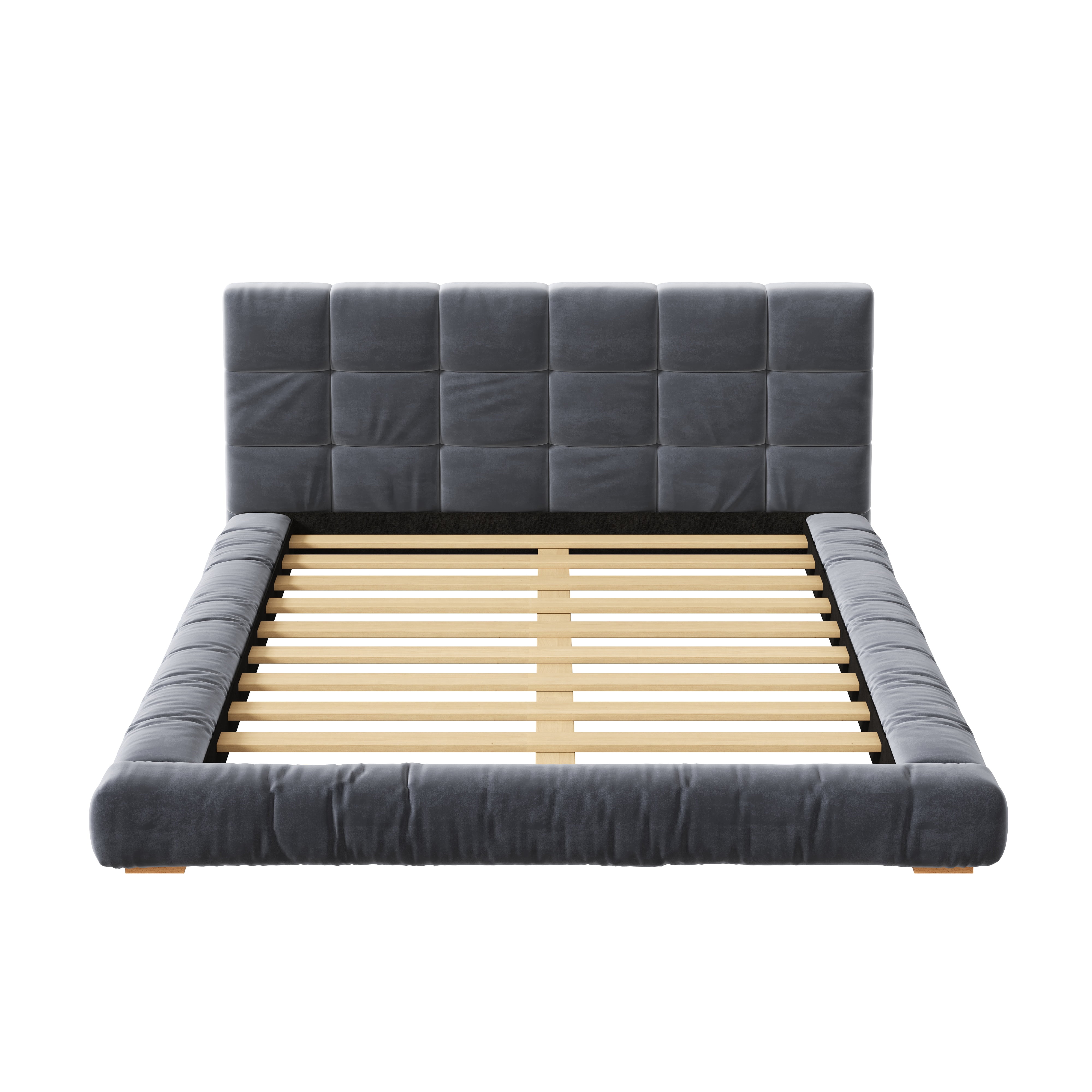 Euroco Velvet Upholstery Queen Size Platform Bed with Channel Tufted Headboard, Gray