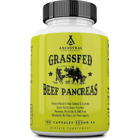 Ancestral Supplements Grass Fed Beef Pancreas Supplement, 500mg, Pancreatic Support with Proteolytic Digestive Enzymes for Digestion Support, Including Trypsin, Non GMO, 180 Capsules