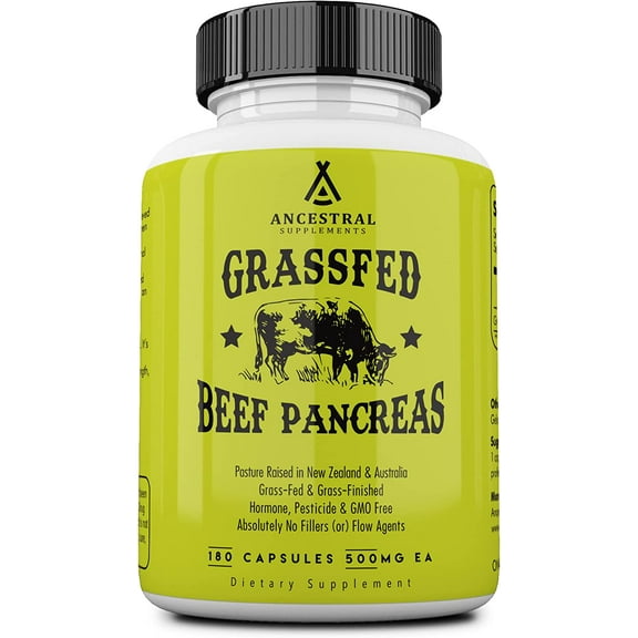 Ancestral Supplements Grass Fed Beef Pancreas Supplement, 500mg, Pancreatic Support with Proteolytic Digestive Enzymes for Digestion Support, Including Trypsin, Non GMO, 180 Capsules